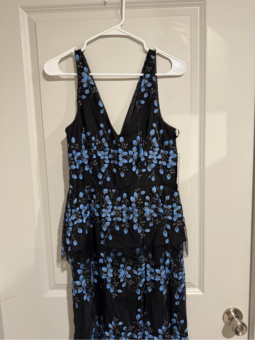 Gianni Bini Black V-Neck Floral Embroidered Midi Dress with Blue Accents